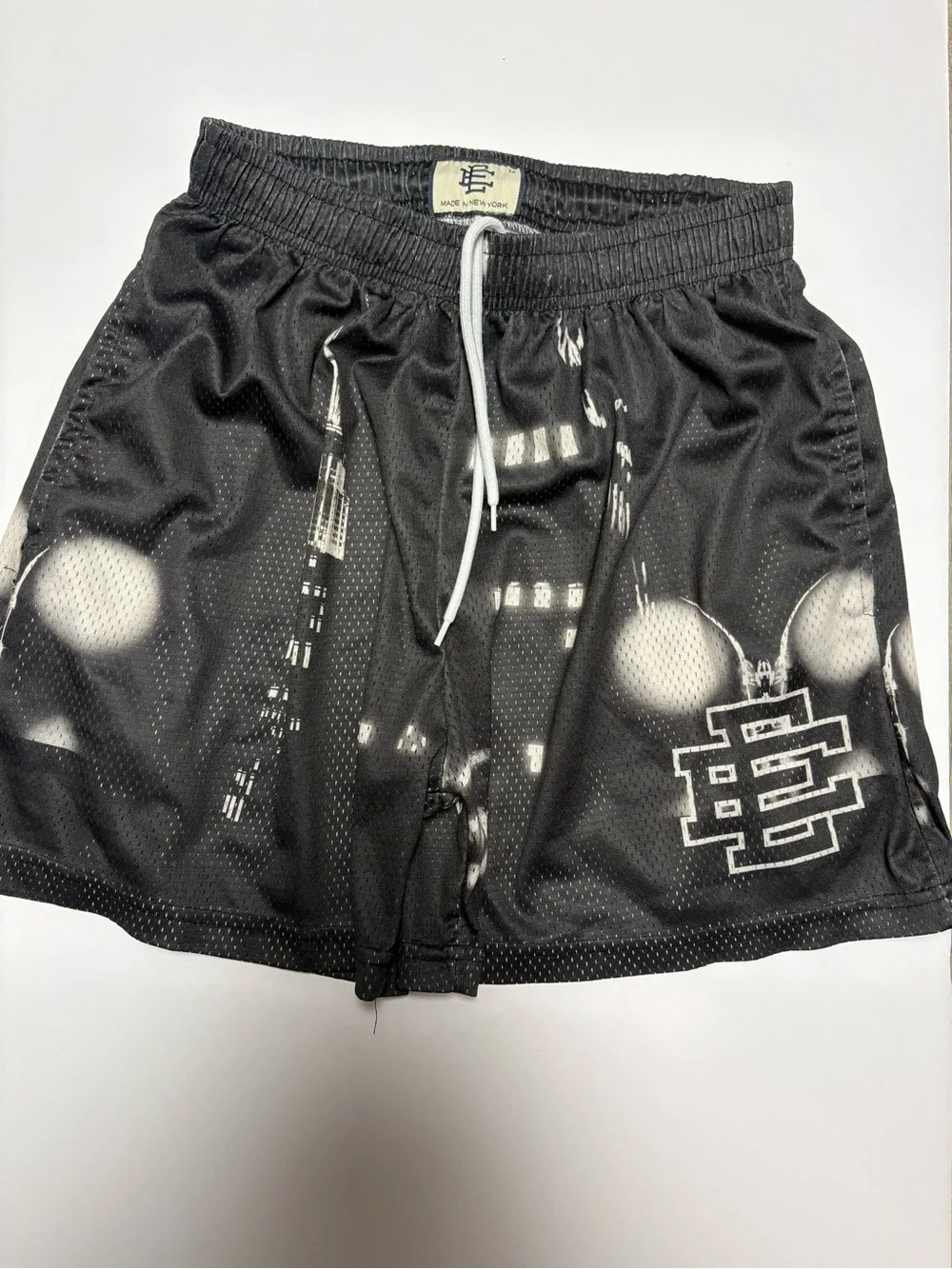 Eric Emanuel Black Mesh Graphic Athletic Shorts with White Drawstring